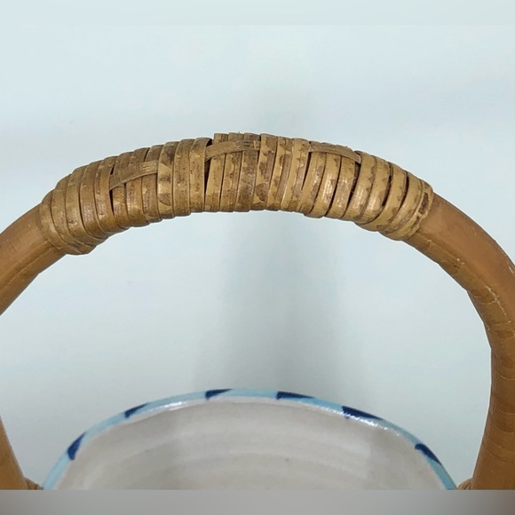 Art Pottery Basket Bamboo Handle Signed “Stevens” Painted Flowers Pansies - Picture 8 of 16